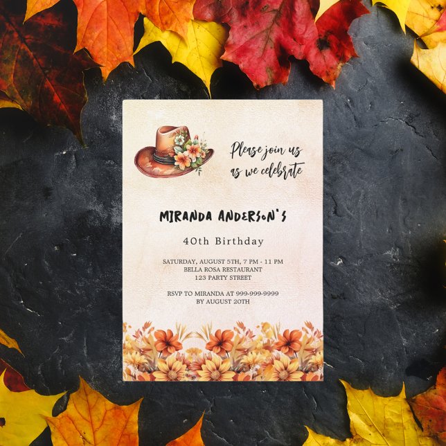 Birthday orange flowers boho cowgirl hat invitation (Creator Uploaded)