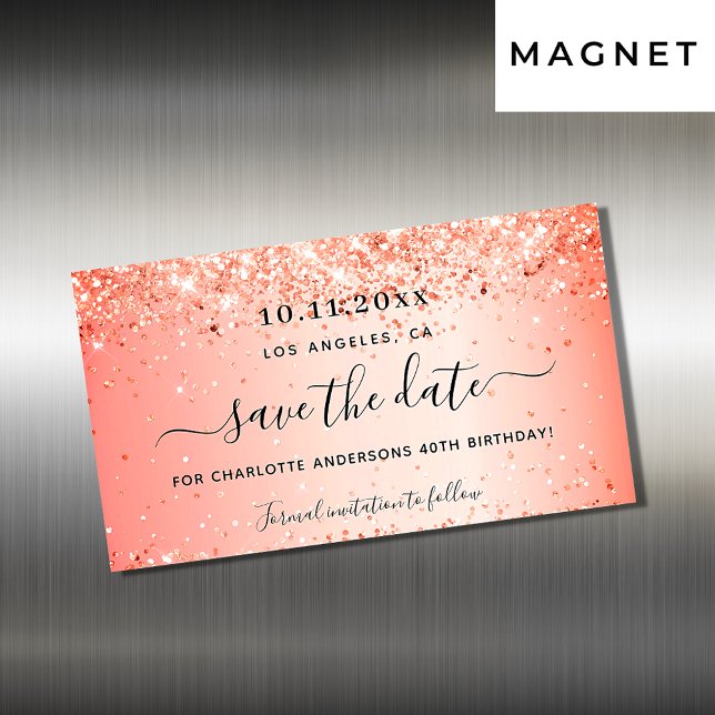 Birthday orange glitter save the date magnet (Creator Uploaded)