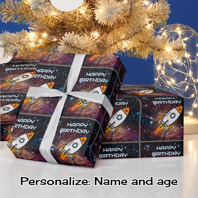 Birthday orange rocket custom name and age wrapping paper (Creator Uploaded)