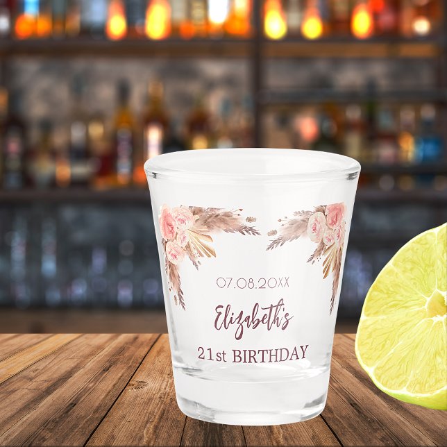 Birthday pampas grass blush pink flowers name  shot glass (Creator Uploaded)