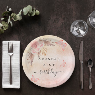 Birthday pampas grass blush rose gold butterflies paper plate