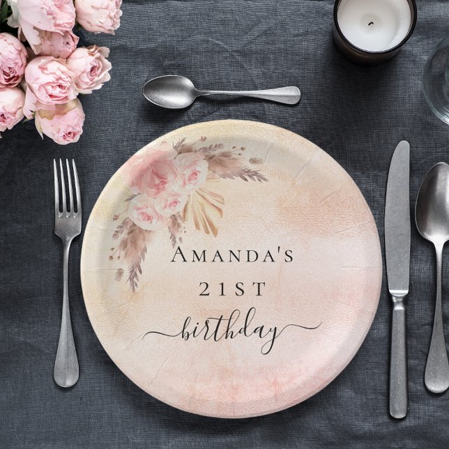 Birthday pampas grass blush rose gold florals paper plate (Creator Uploaded)
