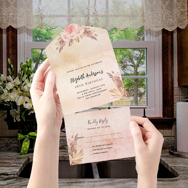 Birthday pampas grass blush rose pink florals RSVP All In One Invitation (Creator Uploaded)