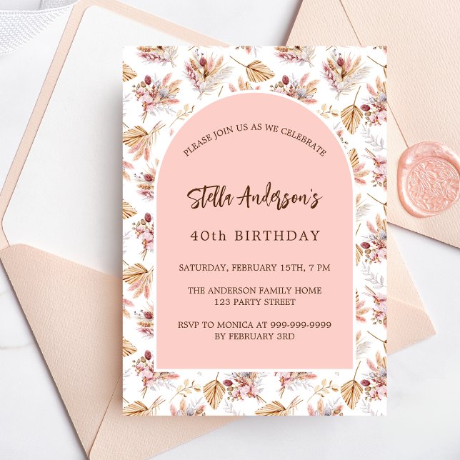 Birthday pampas grass flowers rose gold pink invitation postcard (Creator Uploaded)