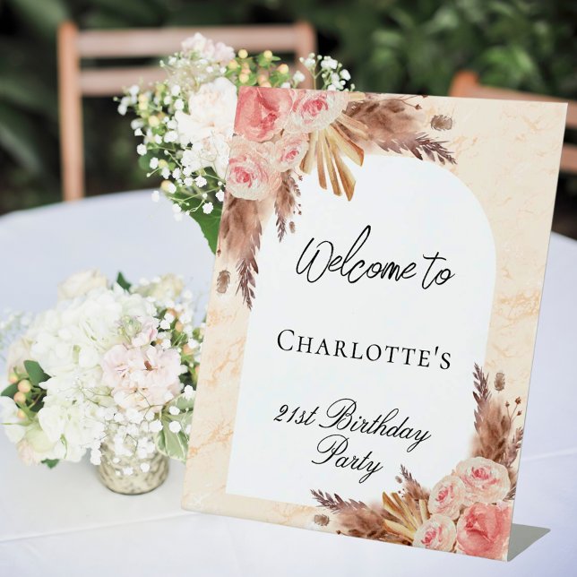 Birthday pampas grass rose gold blush arch welcome pedestal sign (Creator Uploaded)