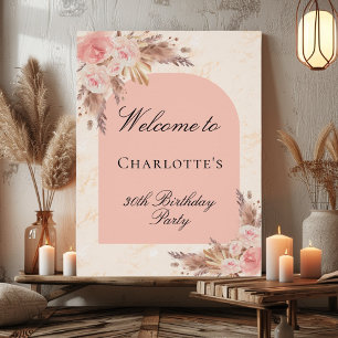 Birthday pampas grass rose gold blush arch welcome poster
