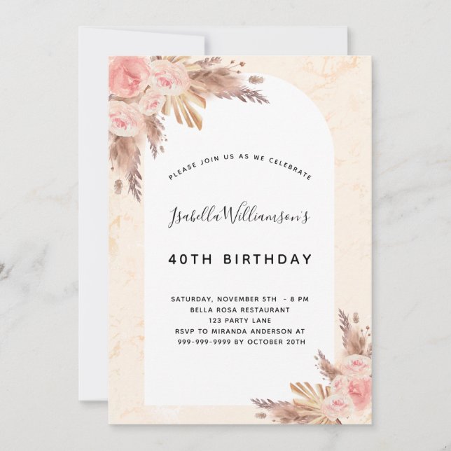 Birthday pampas grass rose gold blush pink invitation (Front)