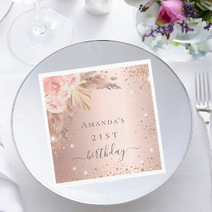 Birthday pampas grass rose gold floral party napkin