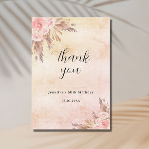 Birthday pampas grass rose gold florals boho thank you card