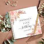 Birthday pampas grass rose gold guest book<br><div class="desc">For an elegant and modern boho style 21st (or any age) birthday party. A white background. Decorated with rose gold,  pink florals,  pampas grass. Personalize and add a name and date.  Can be used as a guest book or for planning the party.</div>