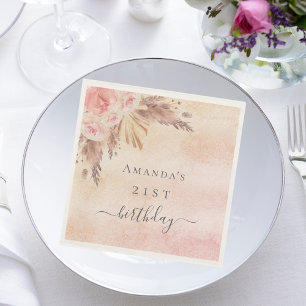 Birthday pampas grass rose gold pink floral napkin