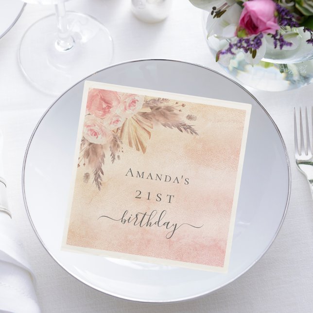Birthday pampas grass rose gold pink floral napkin (Creator Uploaded)