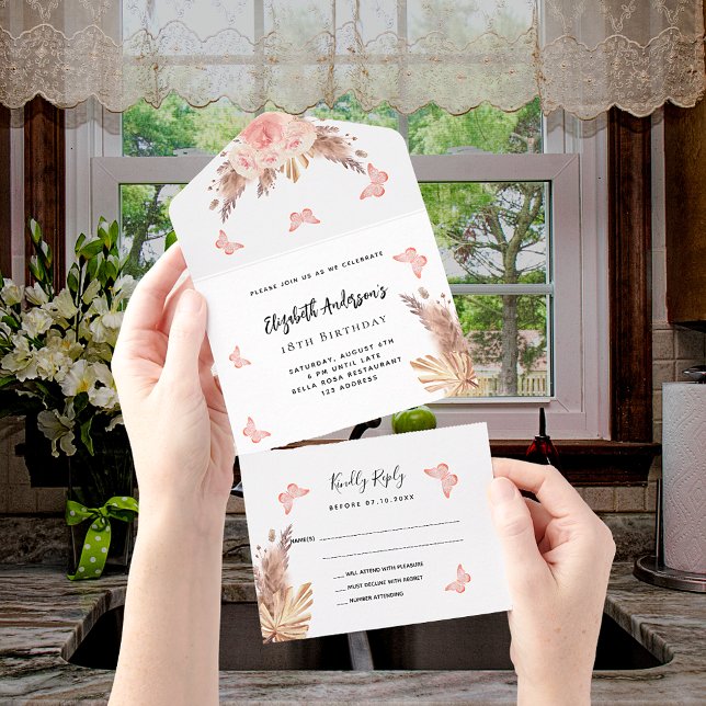 Birthday pampas rose gold buttefly florals RSVP All In One Invitation (Creator Uploaded)