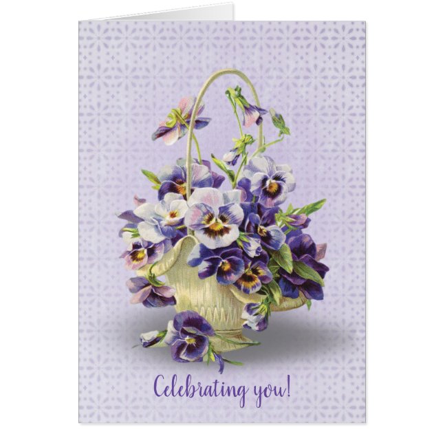 birthday pansy basket on eyelet lace (Front)
