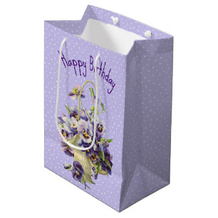 Birthday Pansy Basket On Polka Dots Medium Gift Bag