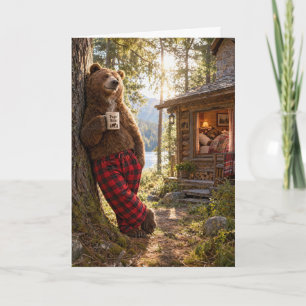 Birthday Papa Bear Relaxing in Woods with Coffee Card