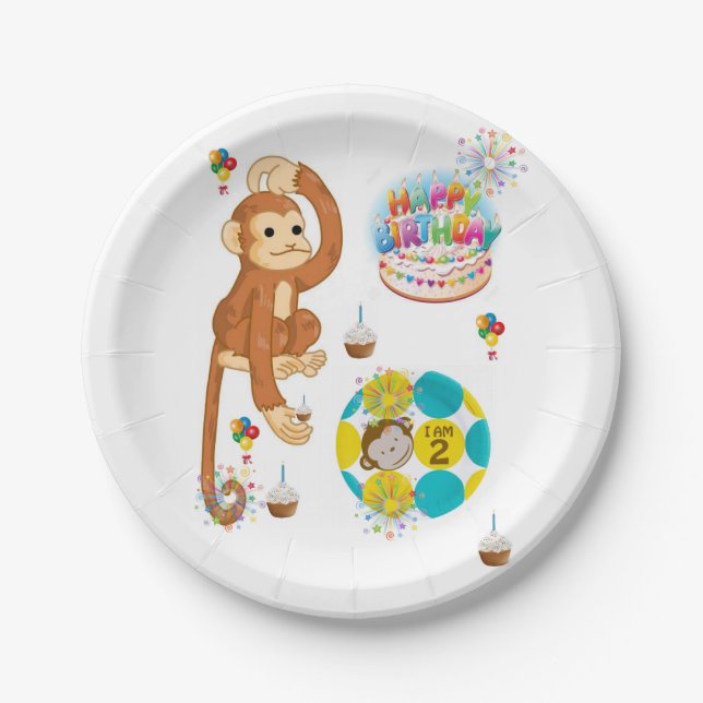 Birthday Paper Plates, Monkey Two Year Old Plate (Front)