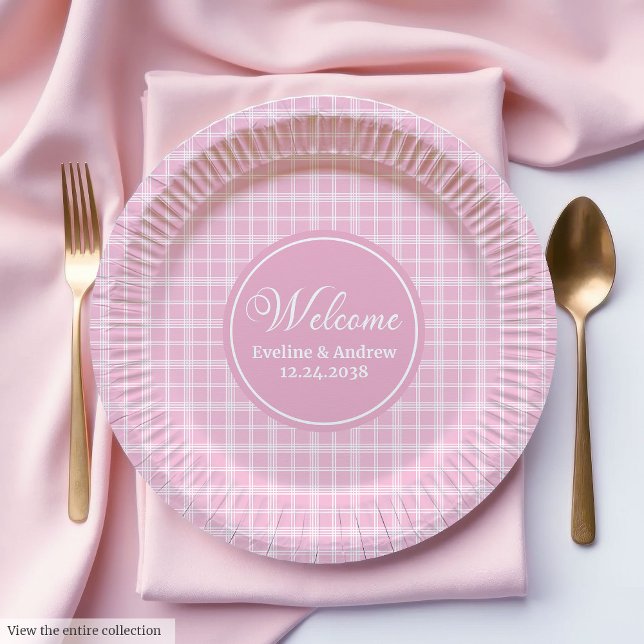 Birthday Paper Plates Pink Plaid Minimalist Design (Birthday Paper Plates Pink Plaid Minimalist Design)