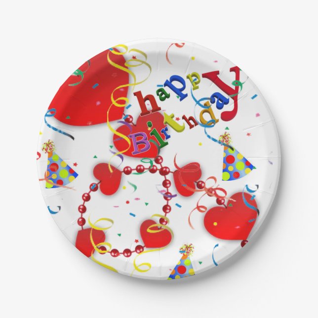 Birthday Paper Plates, Red Hearts Plate (Front)