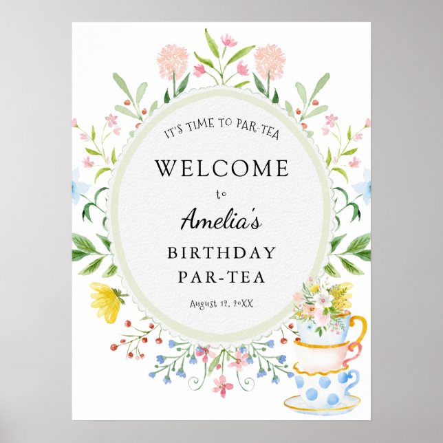 Birthday Par-Tea Whimsical Wildflower Welcome Poster (Front)