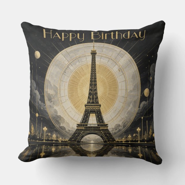 Birthday Paris Eiffel Tower Gold Deco Cushion (Front)