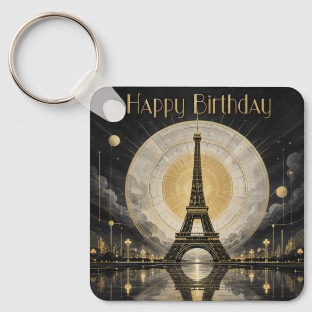 Birthday Paris Eiffel Tower Gold Deco Key Ring (Front)