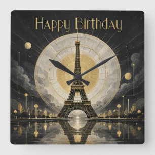 Birthday Paris Eiffel Tower Gold Deco Square Wall Clock