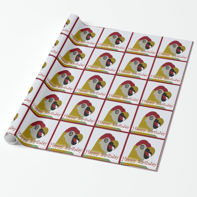 Birthday Parrot Head Collage Red Wrap Paper (Unrolled)