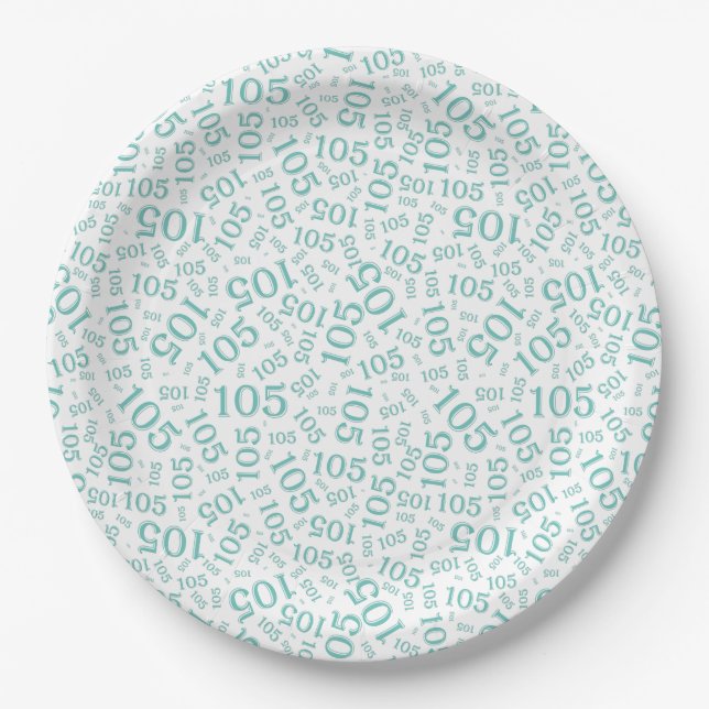 Birthday Party 105th Teal/White Random Pattern Paper Plate (Front)