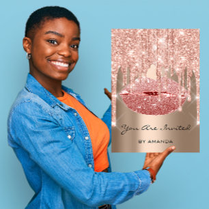 Birthday Party 16th Kiss Lips Rose Blush Glitter Invitation