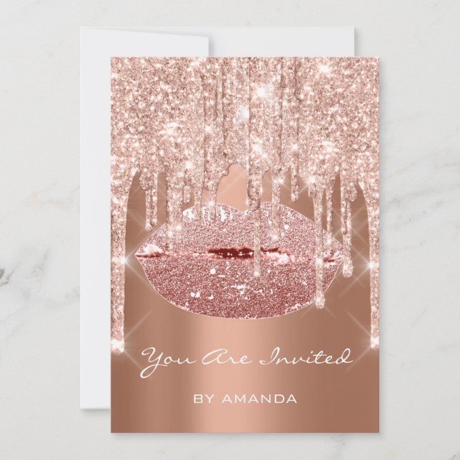 Birthday Party 16th Kiss Lips Rose Gold Glitter Invitation (Front)