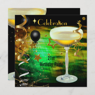 Birthday Party 21st Celebration Champagne Green Invitation