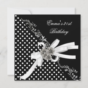 Birthday Party 21st Polka Dot Black White Bow Invitation