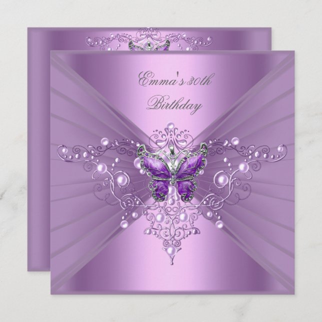 Birthday Party 30th Lilac Pearl Purple Butterfly Invitation (Front/Back)