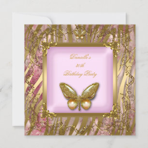 Birthday Party 30th Pink Gold Zebra Butterfly Invitation