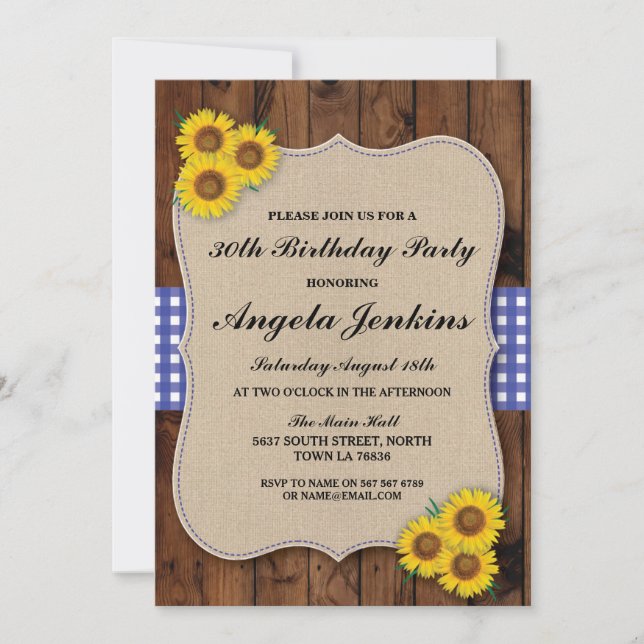 Birthday Party 30th Sunflower Wood Burlap Invite (Front)