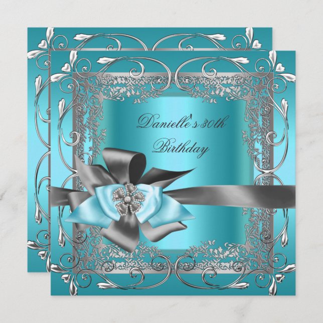 Birthday Party 30th Teal Blue Silver Grey Bow Invitation (Front/Back)