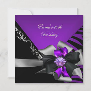 Birthday Party 30th Zebra Purple Black Silver Grey Invitation