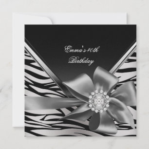 Birthday Party 40th Black Silver Zebra Diamond Invitation