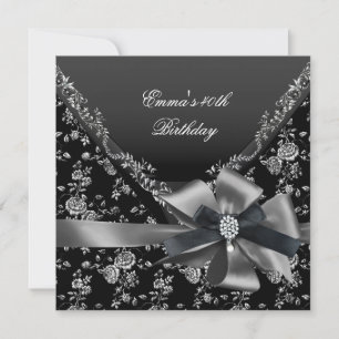 Birthday Party 40th Black White Silver Damask Invitation