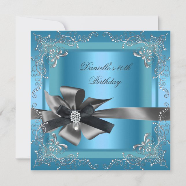 Birthday Party 40th Blue Silver Black Grey Invitation (Front)