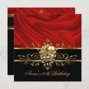 Birthday Party 40th Red Silk Gold Black Stripe Invitation