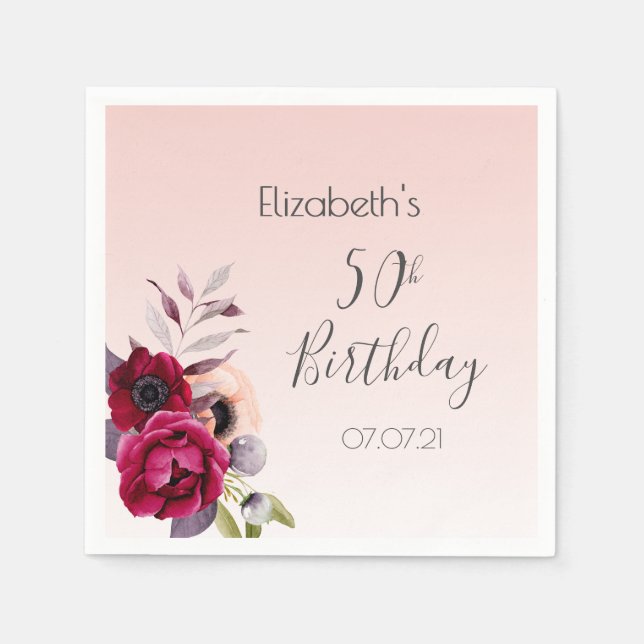 Birthday party 50 burgundy rose gold florals napkin (Front)