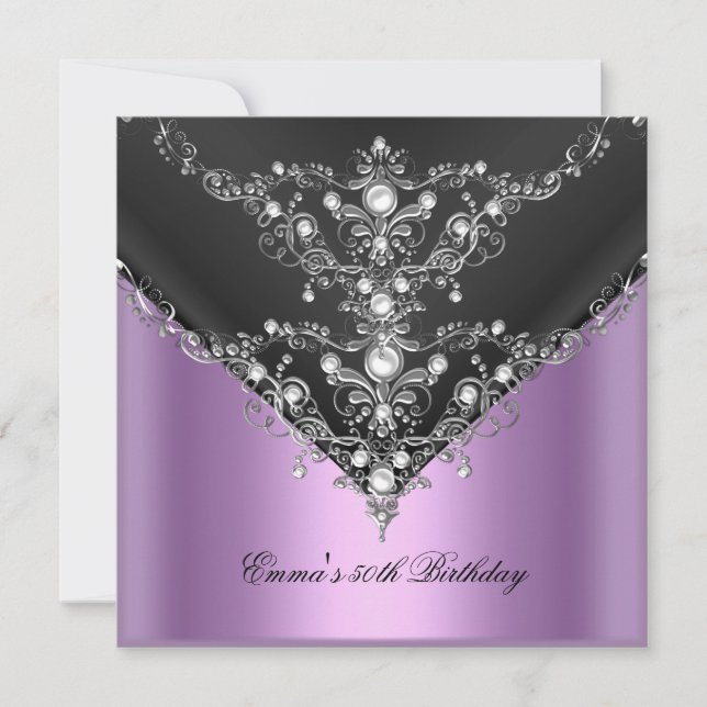 Birthday Party 50th Purple Pearl Black Silver Invitation (Front)
