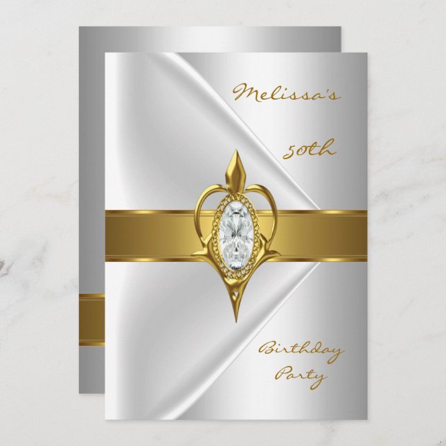 Birthday Party 50th Silk White Diamond gold jewel Invitation (Front/Back)