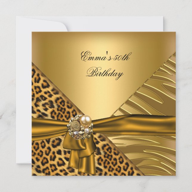 Birthday Party 50th Zebra Leopard Gold Black Bow Invitation (Front)