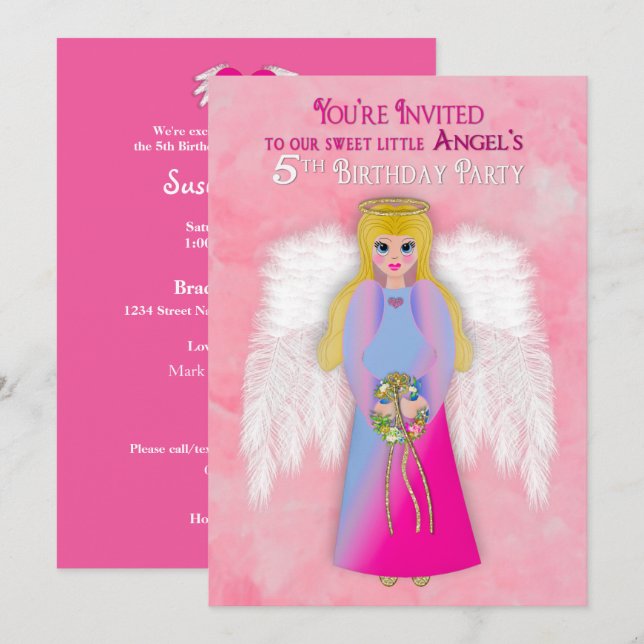 Birthday Party 5th Our Little Angel Pink Invitation (Front/Back)