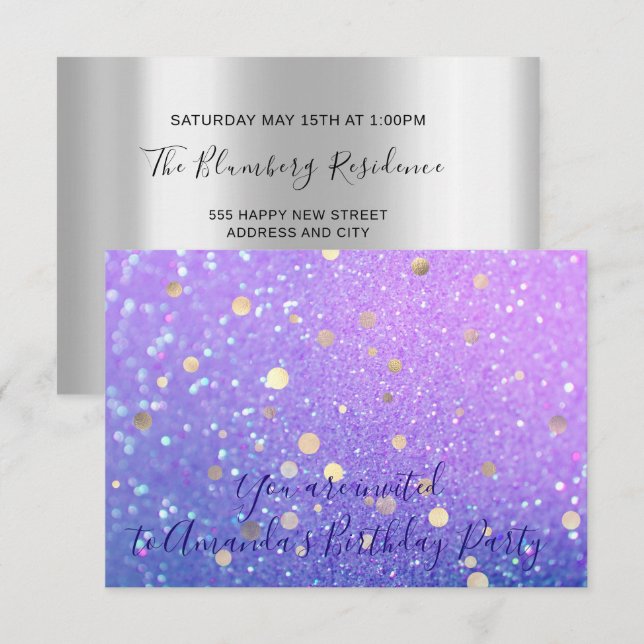 Birthday Party Abstract Blue Purple Glitter Invitation (Front/Back)