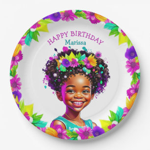 Birthday Party African-American Girl Personalised Paper Plate