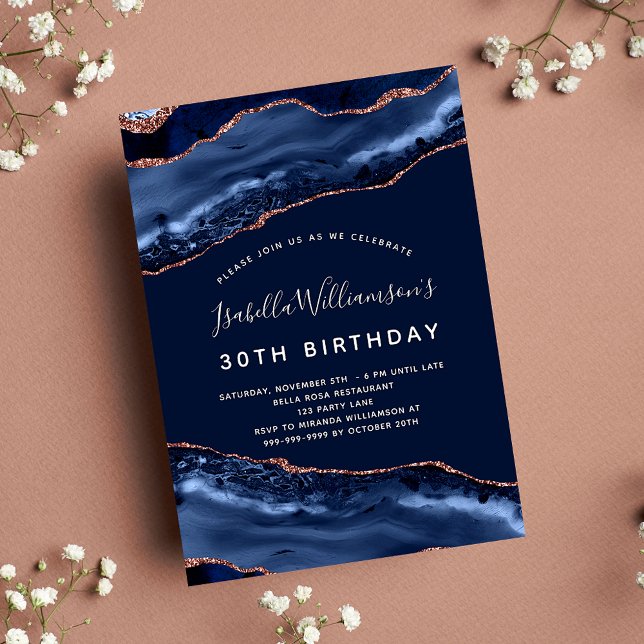 Birthday party agate marble blue rose gold luxury invitation (Creator Uploaded)